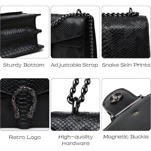 Snake Print Leather Crossbody Bag for Women with Chain Strap and Clutch Style - Picture 5 of 7